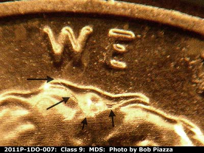 Die-stage B marker on 2011P•1DO•007 (2011 Doubled Die Obverse).