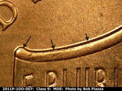 Die-stage B marker on 2011P•1DO•007 (2011 Doubled Die Obverse).