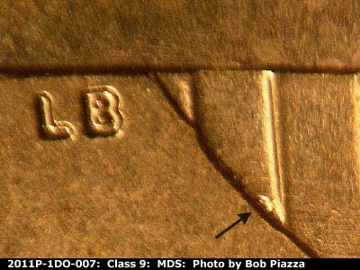 Die-stage B marker on 2011P•1DO•007 (2011 Doubled Die Obverse).