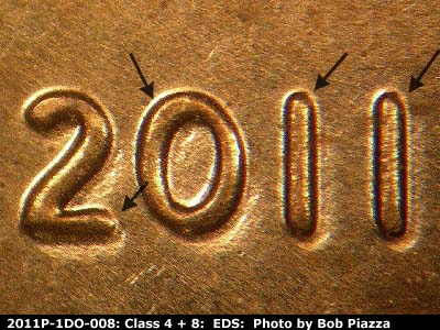 Die-stage A marker on 2011P•1DO•008 (2011 Doubled Die Obverse).