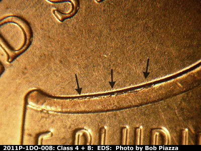 Die-stage A marker on 2011P•1DO•008 (2011 Doubled Die Obverse).