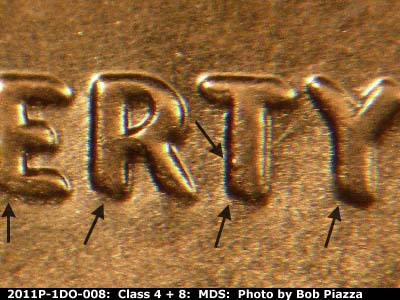 Die-stage B marker on 2011P•1DO•008 (2011 Doubled Die Obverse).