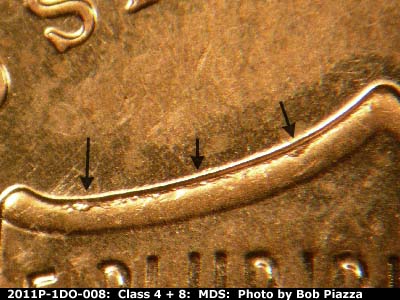 Die-stage B marker on 2011P•1DO•008 (2011 Doubled Die Obverse).