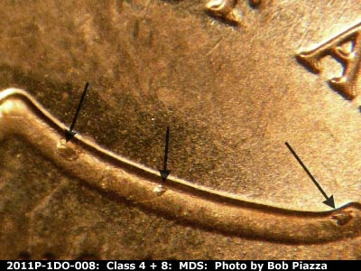 Die-stage B marker on 2011P•1DO•008 (2011 Doubled Die Obverse).