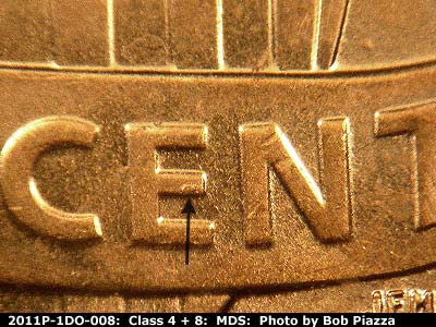 Die-stage B marker on 2011P•1DO•008 (2011 Doubled Die Obverse).