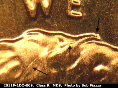 Die-stage B marker on 2011P•1DO•009 (2011 Doubled Die Obverse).