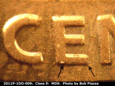 Die-stage B marker on 2011P•1DO•009 (2011 Doubled Die Obverse).
