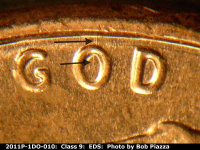 Die-stage A marker on 2011P•1DO•010 (2011 Doubled Die Obverse).
