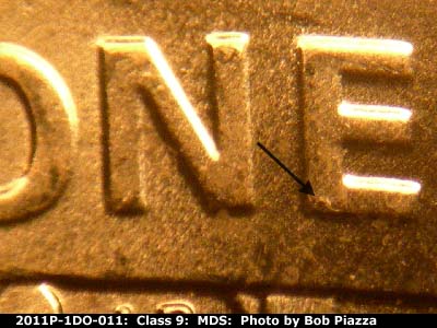 Die-stage B marker on 2011P•1DO•011 (2011 Doubled Die Obverse).
