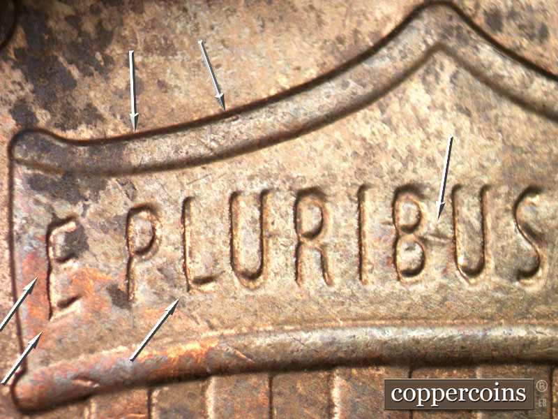 Die-stage A marker on 2011P•1DR•002 (2011 Doubled Die Reverse).