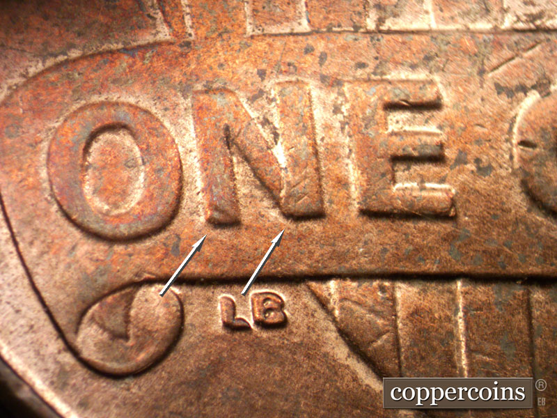Die-stage A marker on 2011P•1DR•002 (2011 Doubled Die Reverse).