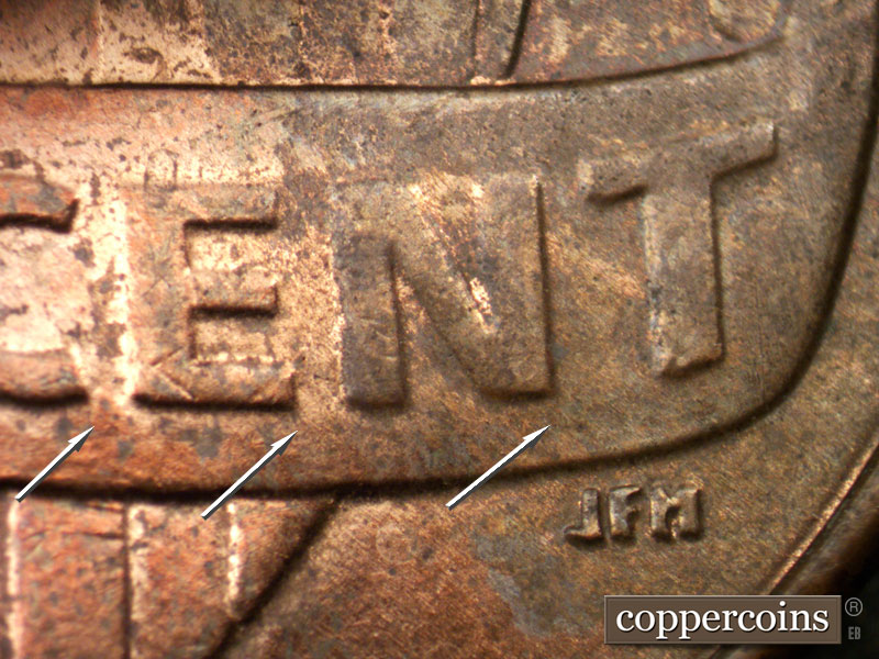 Die-stage A marker on 2011P•1DR•002 (2011 Doubled Die Reverse).