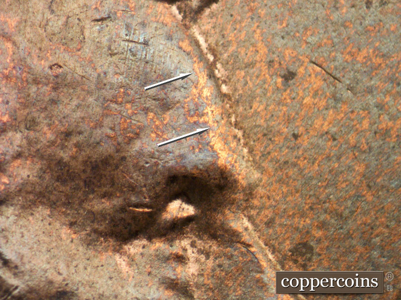 Die-stage A marker on 2011P•1DR•002 (2011 Doubled Die Reverse).