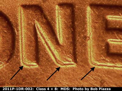 Die-stage B marker on 2011P•1DR•002 (2011 Doubled Die Reverse).