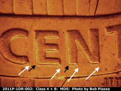 Die-stage B marker on 2011P•1DR•002 (2011 Doubled Die Reverse).