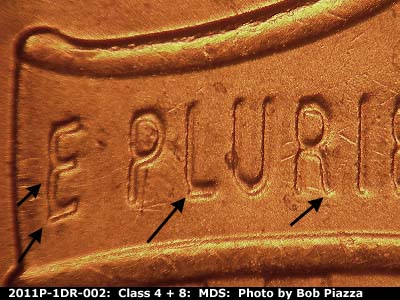 Die-stage B marker on 2011P•1DR•002 (2011 Doubled Die Reverse).