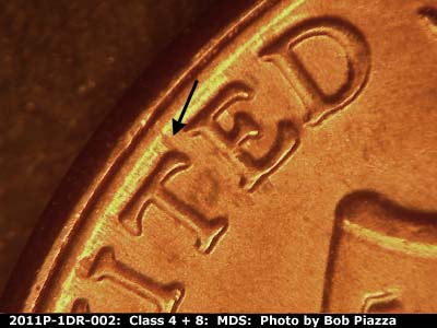 Die-stage B marker on 2011P•1DR•002 (2011 Doubled Die Reverse).