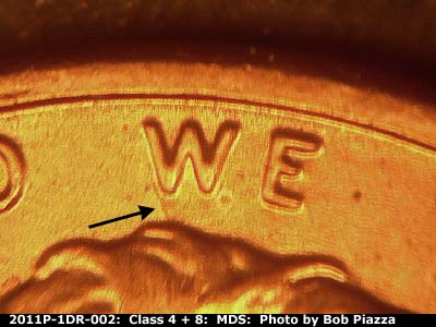 Die-stage B marker on 2011P•1DR•002 (2011 Doubled Die Reverse).