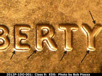 Die-stage A marker on 2012P•1DO•001 (2012 Doubled Die Obverse).