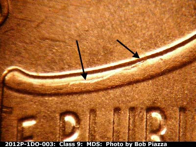 Die-stage B marker on 2012P•1DO•003 (2012 Doubled Die Obverse).