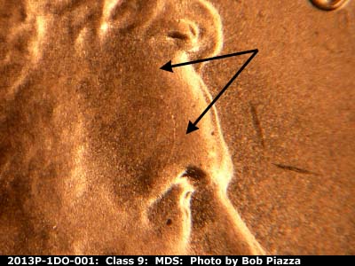 Die-stage B marker on 2013P•1DO•001 (2013 Doubled Die Obverse).