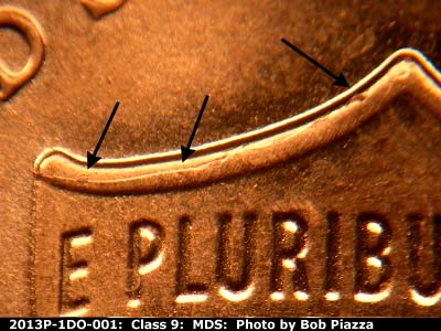 Die-stage B marker on 2013P•1DO•001 (2013 Doubled Die Obverse).