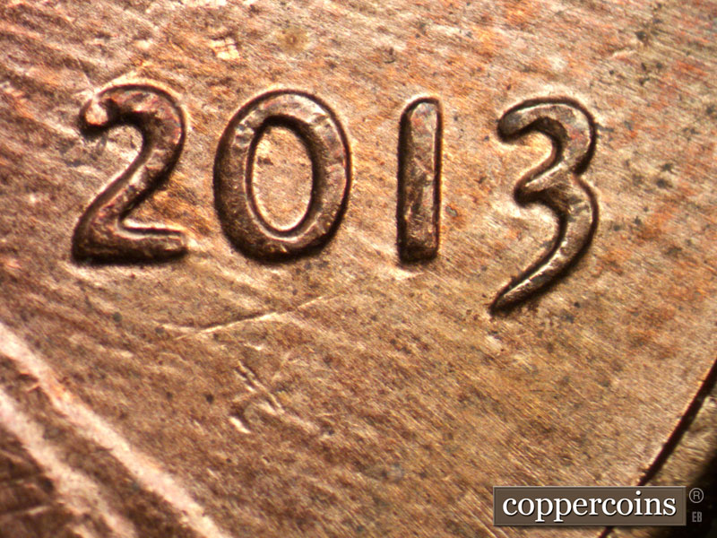 2013 Lincoln cent obverse, CopperCoins die 2013P•1DO•002.