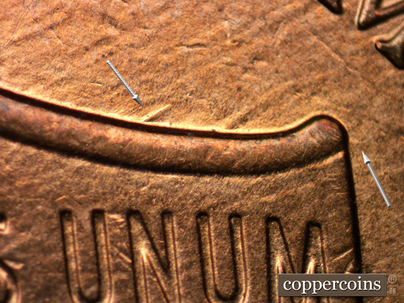 Die-stage B marker on 2013P•1DO•002 (2013 Doubled Die Obverse).
