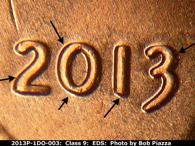 Die-stage A marker on 2013P•1DO•003 (2013 Doubled Die Obverse).