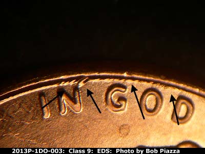 Die-stage A marker on 2013P•1DO•003 (2013 Doubled Die Obverse).