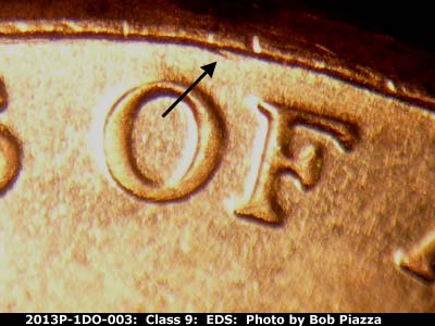 Die-stage A marker on 2013P•1DO•003 (2013 Doubled Die Obverse).