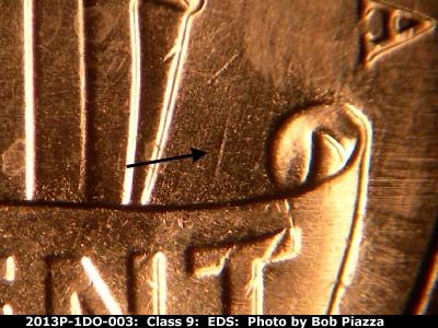 Die-stage A marker on 2013P•1DO•003 (2013 Doubled Die Obverse).