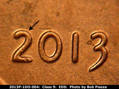 Die-stage A marker on 2013P•1DO•004 (2013 Doubled Die Obverse).