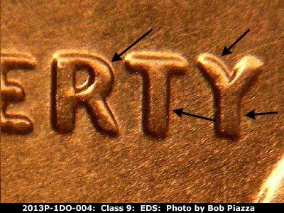 Die-stage A marker on 2013P•1DO•004 (2013 Doubled Die Obverse).