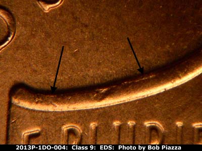 Die-stage A marker on 2013P•1DO•004 (2013 Doubled Die Obverse).