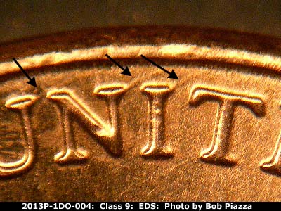 Die-stage A marker on 2013P•1DO•004 (2013 Doubled Die Obverse).