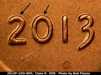 Die-stage A marker on 2013P•1DO•005 (2013 Doubled Die Obverse).