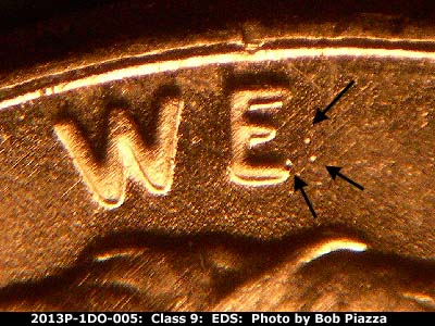 Die-stage A marker on 2013P•1DO•005 (2013 Doubled Die Obverse).