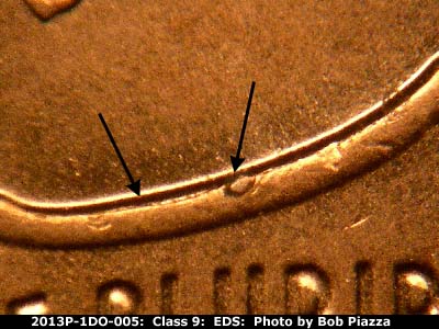 Die-stage A marker on 2013P•1DO•005 (2013 Doubled Die Obverse).