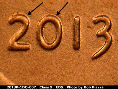 Die-stage A marker on 2013P•1DO•007 (2013 Doubled Die Obverse).
