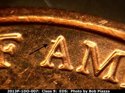 Die-stage A marker on 2013P•1DO•007 (2013 Doubled Die Obverse).