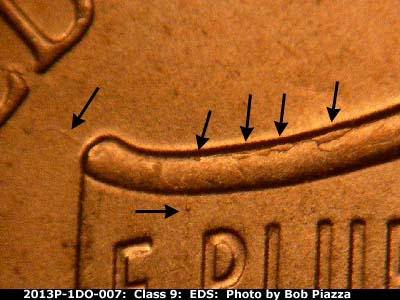Die-stage A marker on 2013P•1DO•007 (2013 Doubled Die Obverse).