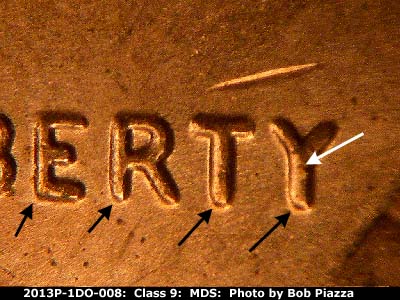 Die-stage B marker on 2013P•1DO•008 (2013 Doubled Die Obverse).