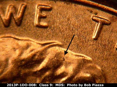 Die-stage B marker on 2013P•1DO•008 (2013 Doubled Die Obverse).