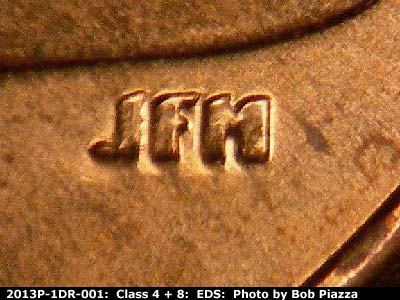 Die-stage A marker on 2013P•1DR•001 (2013 Doubled Die Reverse).