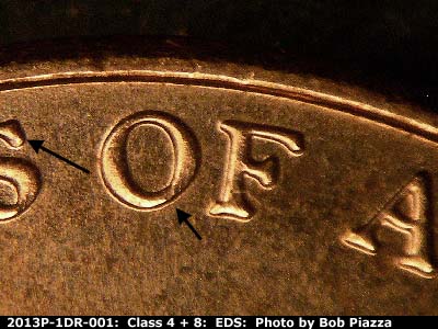 Die-stage A marker on 2013P•1DR•001 (2013 Doubled Die Reverse).
