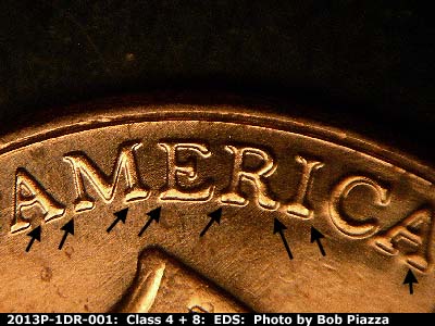 Die-stage A marker on 2013P•1DR•001 (2013 Doubled Die Reverse).