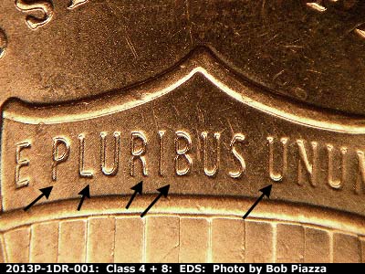 Die-stage A marker on 2013P•1DR•001 (2013 Doubled Die Reverse).