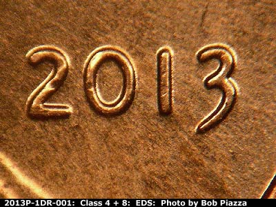 Die-stage A marker on 2013P•1DR•001 (2013 Doubled Die Reverse).