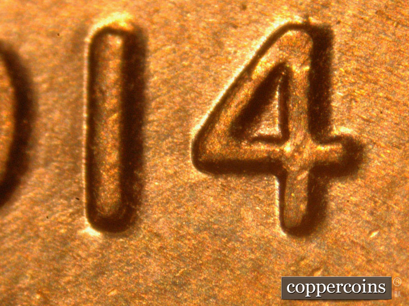 Die-stage B marker on 2014P•1DO•005 (2014 Doubled Die Obverse).